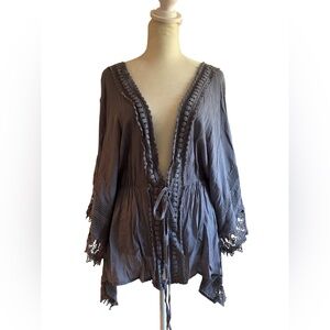 Embroidered Gray Lacy Tie Front Women’s Top Size L NWOT